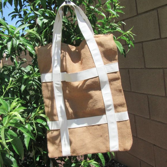 Vintage Handbags - DESIGNER Minimal Leather & Burlap Tote Bag Purse